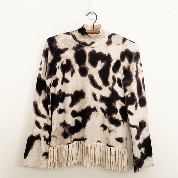 Tyler Boe Turtleneck Cow Print Sweater Fringe Trim Cotton Cashmere Size XS - Picture 1 of 9